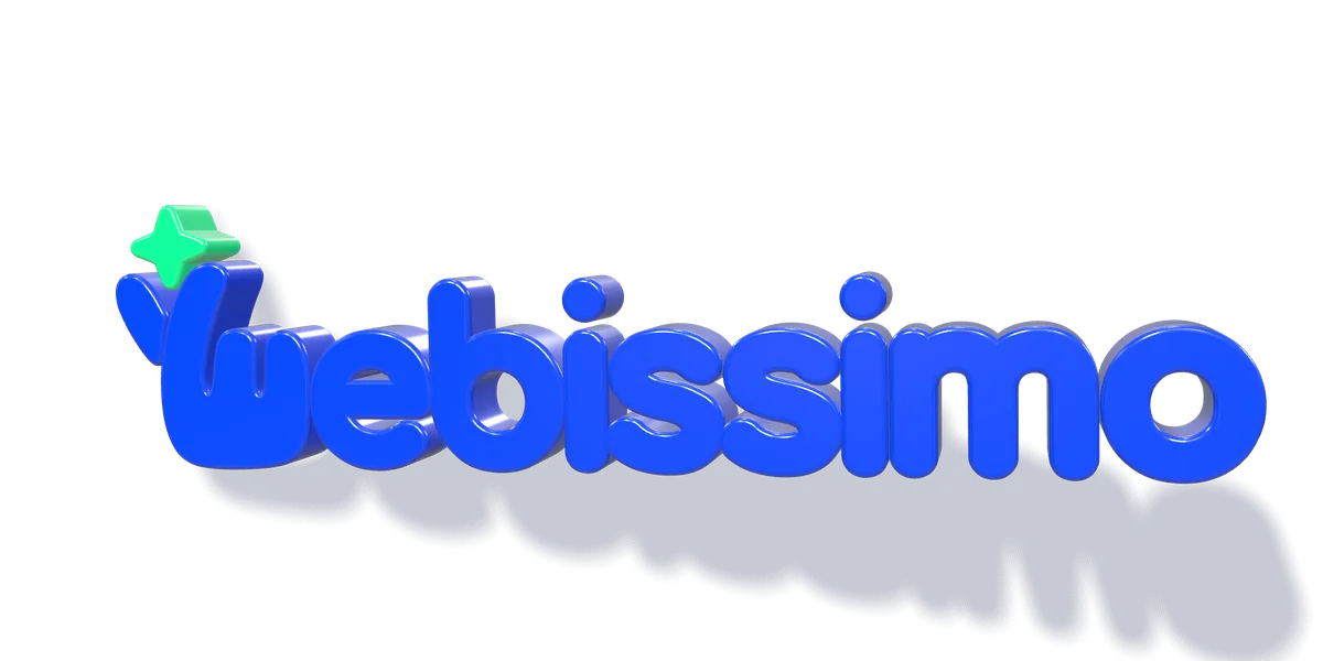 3D render modrého nápisu Webissimo na světlém pozadí