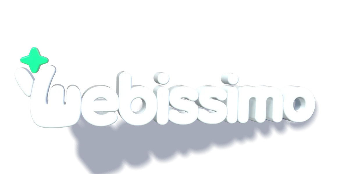 3D render světlého nápisu Webissimo na modrém pozadí