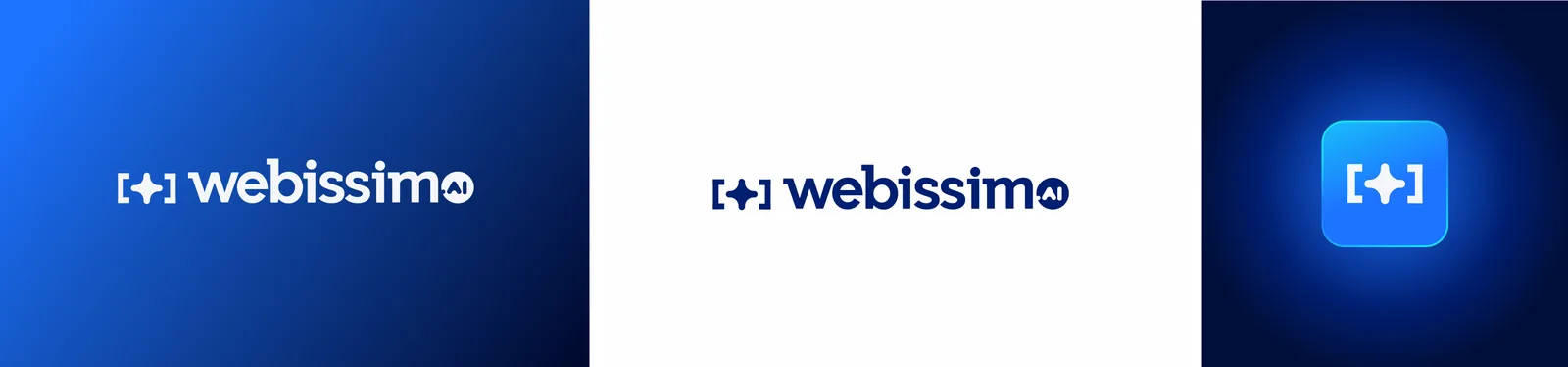 Koncept 1 loga Webissimo: programátorské závorky s AI jiskrou, modrý gradient, tmavá, světlá a ikonová varianta