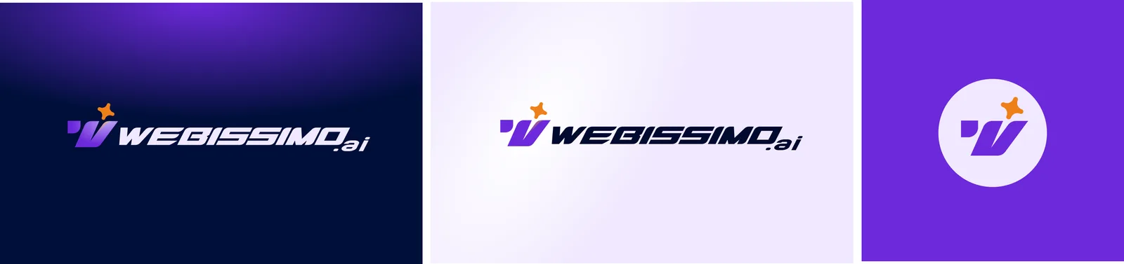 Koncept 3 loga Webissimo: kurzívní dynamické W s oranžovou jiskrou ve fialové barevnosti