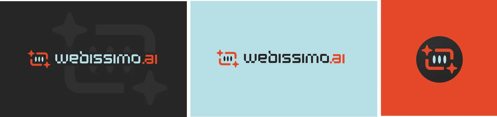 Koncept 5 loga Webissimo: robotí hlava s obíhající AI jiskrou, tmavá a oranžová barevnost