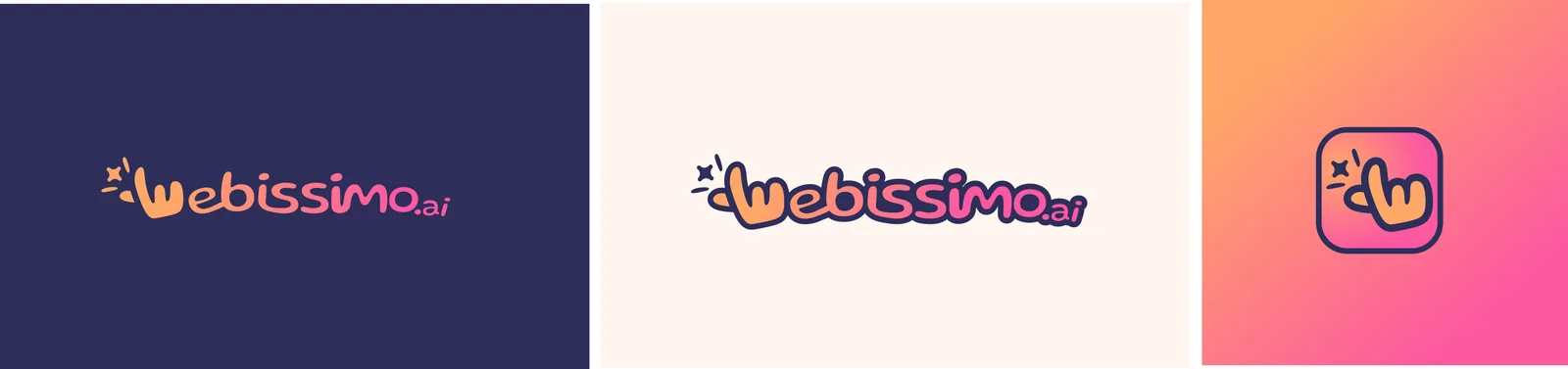 Koncept 6 loga Webissimo: ručně kreslené lusknutí prstů jako písmeno W, teplý oranžovorůžový přechod