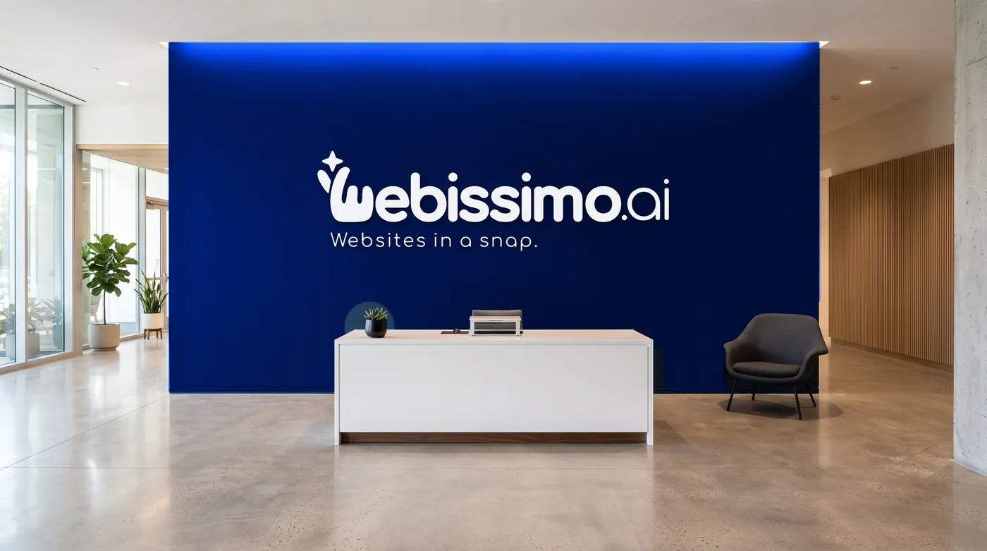 Logo Webissimo.ai jako prostorový nápis na modré stěně recepce