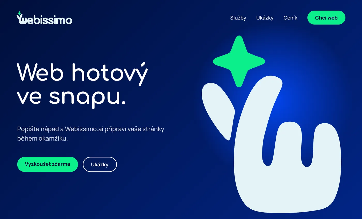 Návrh úvodní sekce webu Webissimo.ai s velkým znakem