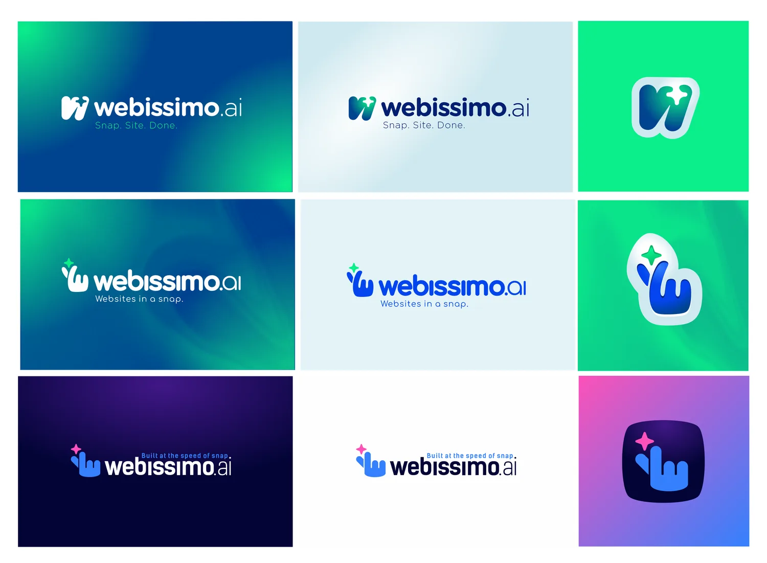 První revize loga Webissimo: tři cesty ve třech řádcích, vybroušené W, zjemněné lusknutí a tmavá varianta