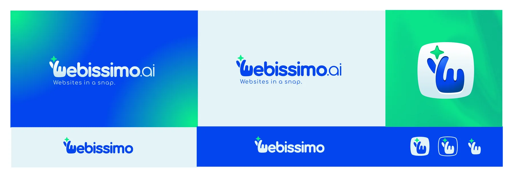 Druhá revize loga Webissimo: ruka jako písmeno W, verze s heslem i bez něj, ikona aplikace, ikona v rámečku a samostatný znak